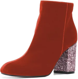 XYD Women Round Toe Glitter Chunky High Heels Party Dress Booties Velvet Winter Ankle Boots