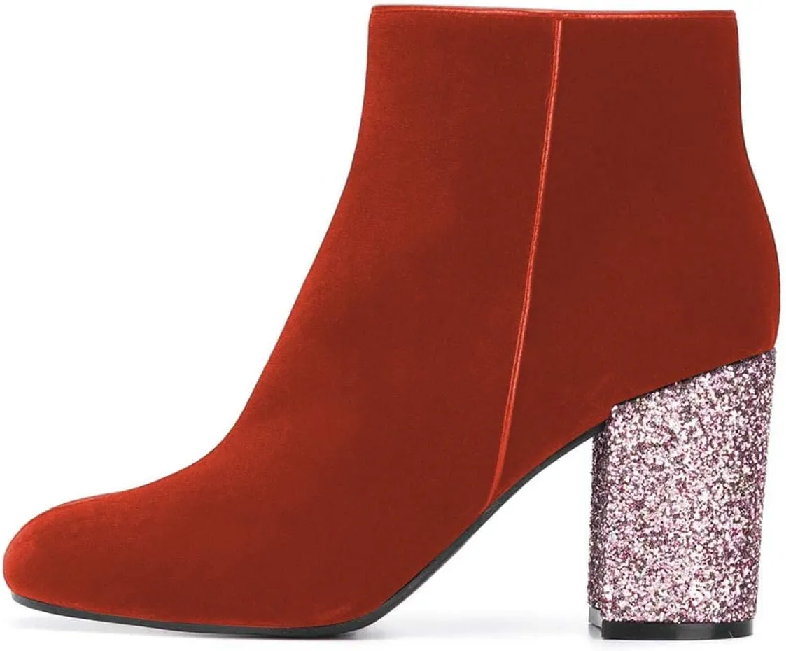 XYD Women Round Toe Glitter Chunky High Heels Party Dress Booties Velvet Winter Ankle Boots