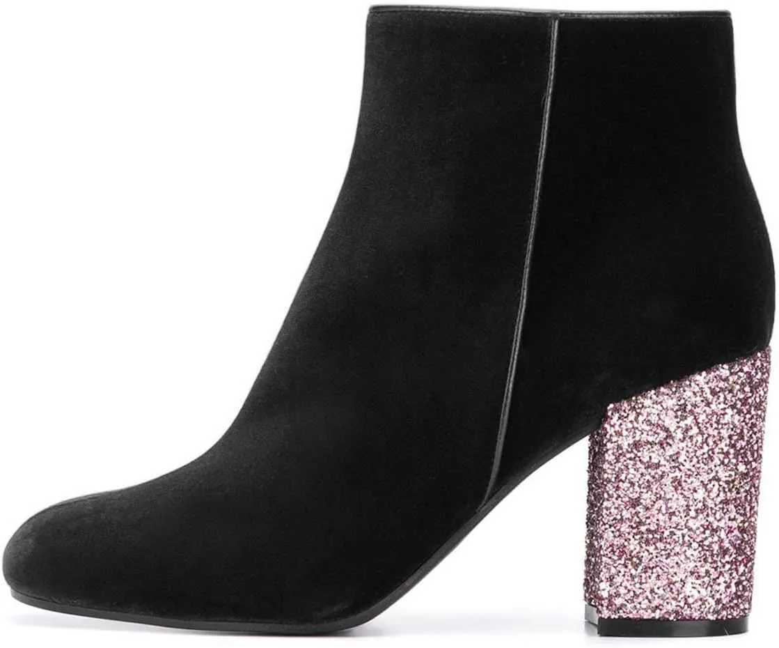 XYD Women Round Toe Glitter Chunky High Heels Party Dress Booties Velvet Winter Ankle Boots