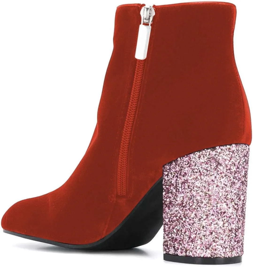 XYD Women Round Toe Glitter Chunky High Heels Party Dress Booties Velvet Winter Ankle Boots