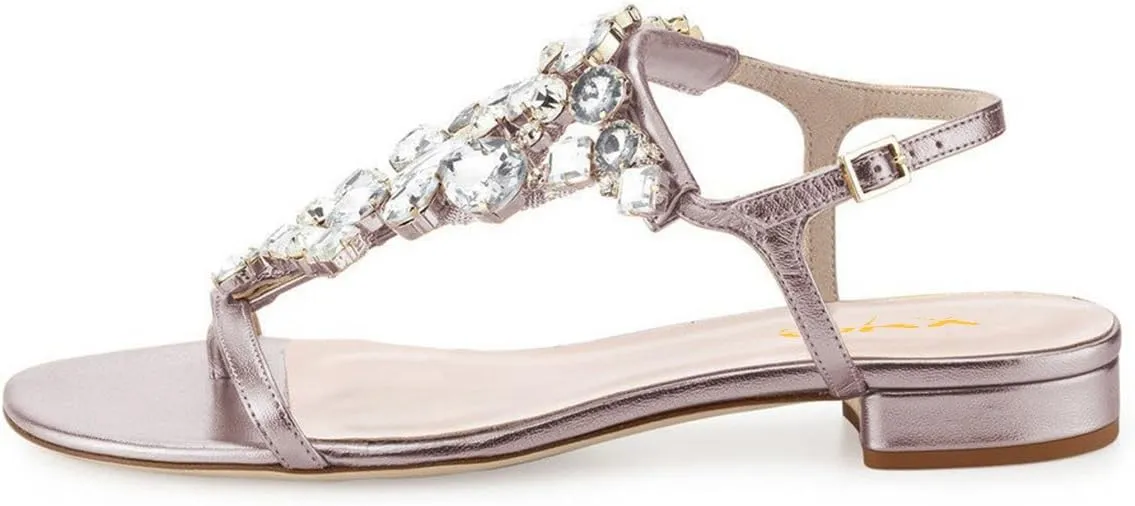 XYD Women T-Strap Flat Sandals Open Toe Rhinestone Slingback Low Heel Ankle Strap Summer Shoes