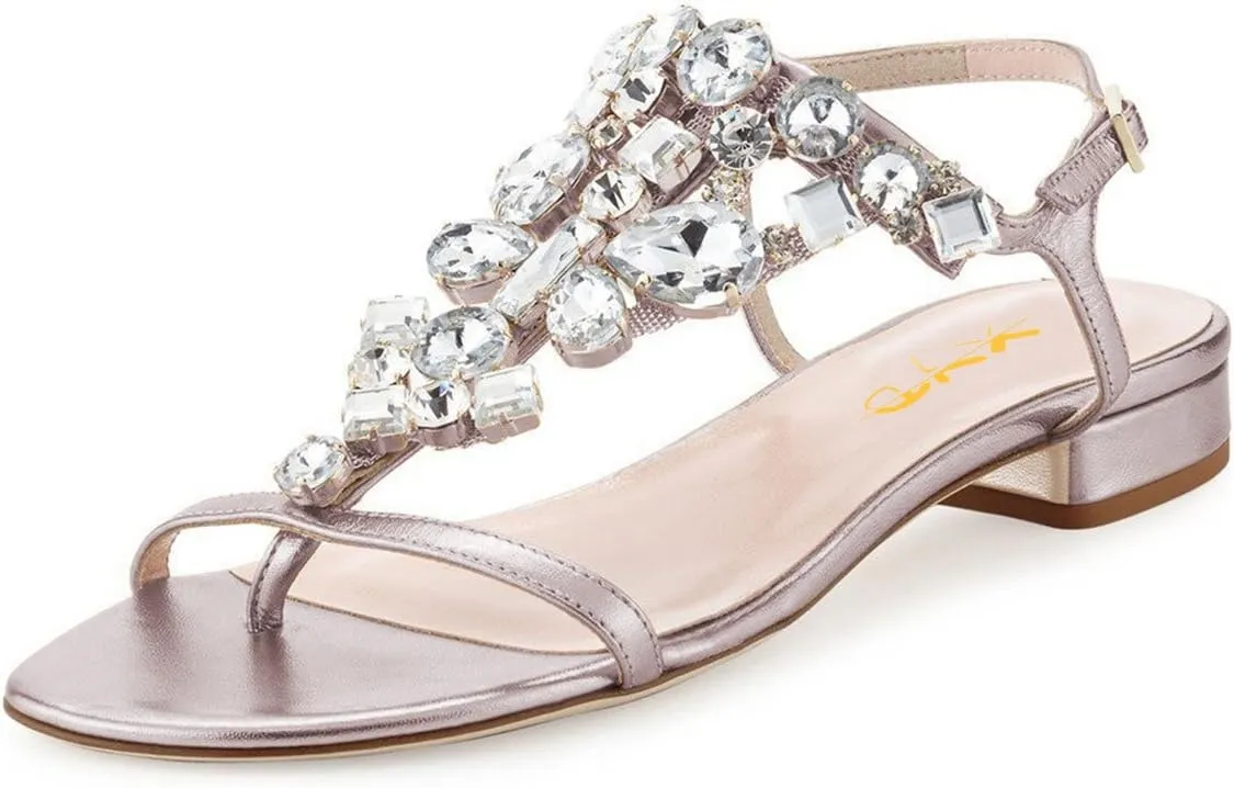 XYD Women T-Strap Flat Sandals Open Toe Rhinestone Slingback Low Heel Ankle Strap Summer Shoes