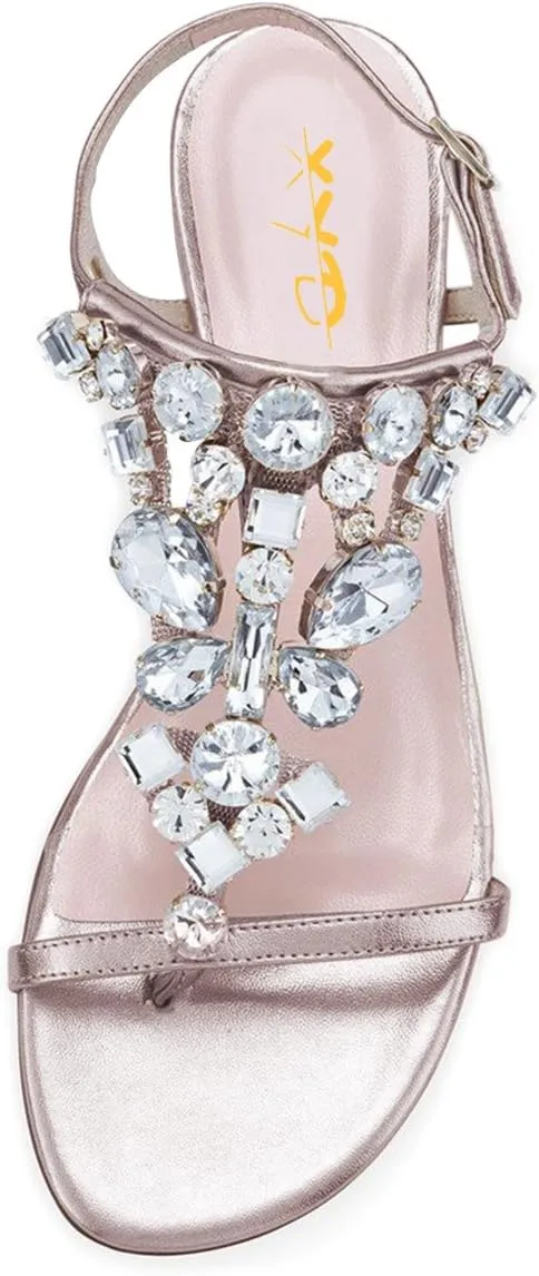 XYD Women T-Strap Flat Sandals Open Toe Rhinestone Slingback Low Heel Ankle Strap Summer Shoes