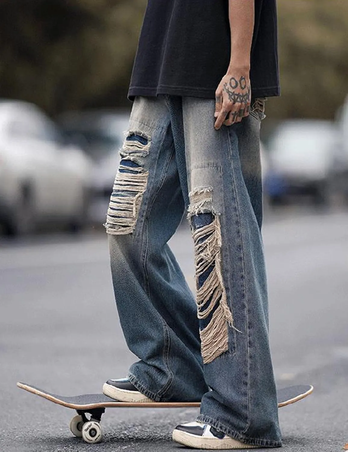 Y2k Baggy Jeans for Men Grunge Ripped Jeans Aesthetic Distressed Jeans Loose Fit Gothic Denim Pants Streetwear