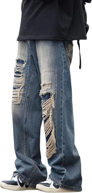 Y2k Baggy Jeans for Men Grunge Ripped Jeans Aesthetic Distressed Jeans Loose Fit Gothic Denim Pants Streetwear