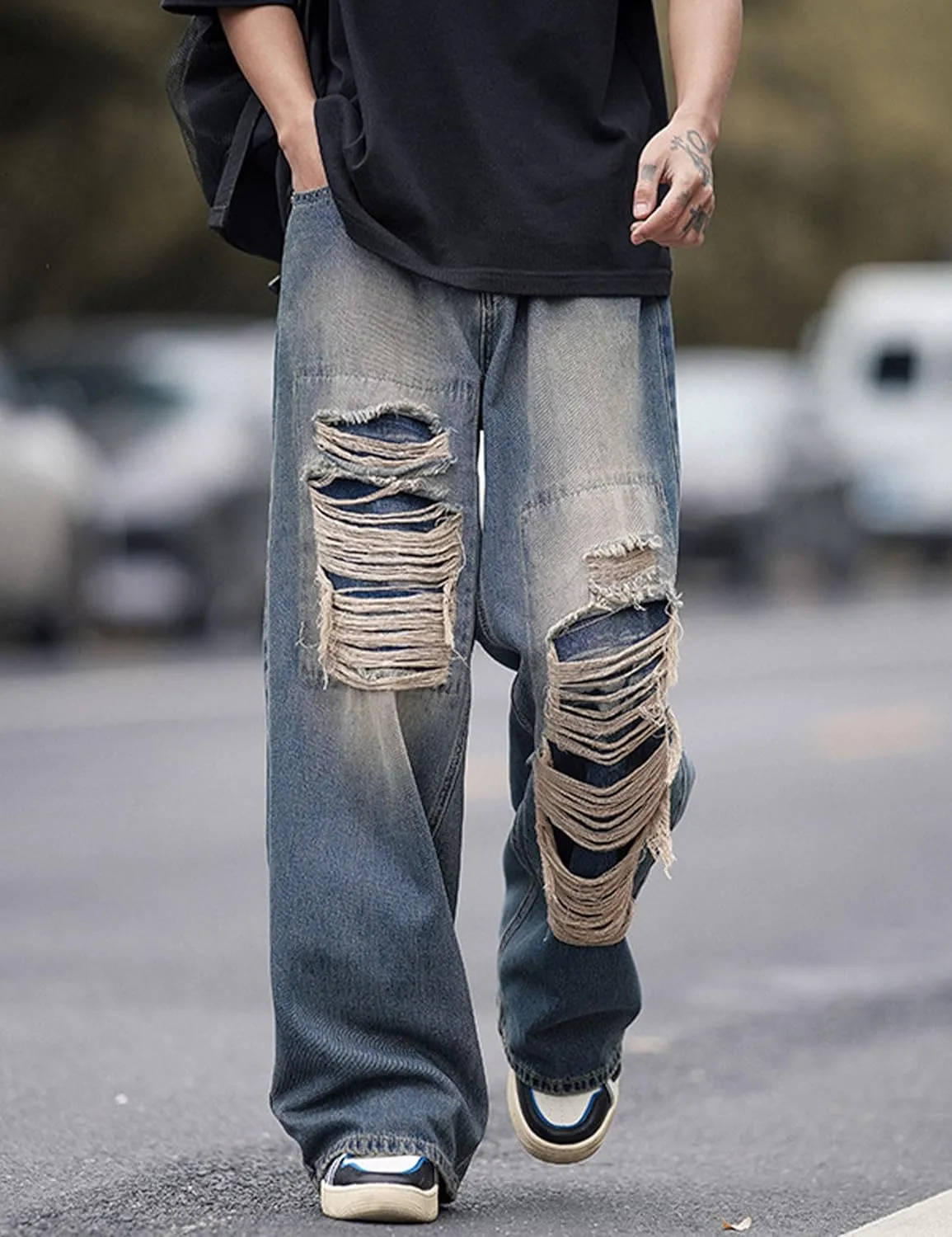 Y2k Baggy Jeans for Men Grunge Ripped Jeans Aesthetic Distressed Jeans Loose Fit Gothic Denim Pants Streetwear