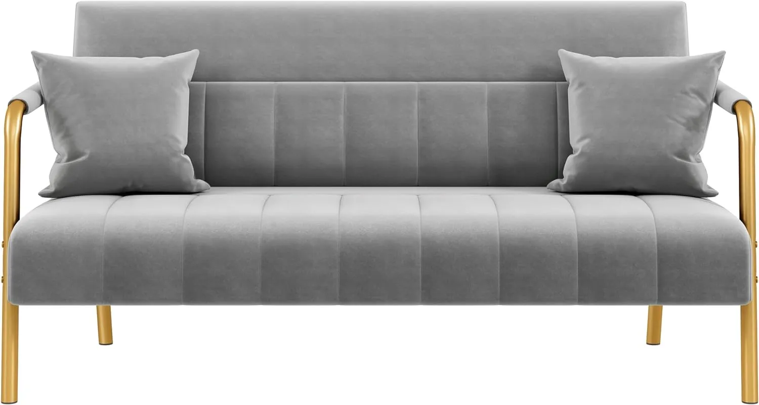 Yaheetech 56.5" W Modern Sofa Small Sofa Luxurious Velvet Fabric Couch with Gold-Tone Metal Arms and Legs for Living Room, Home Office, Studio Light Gray