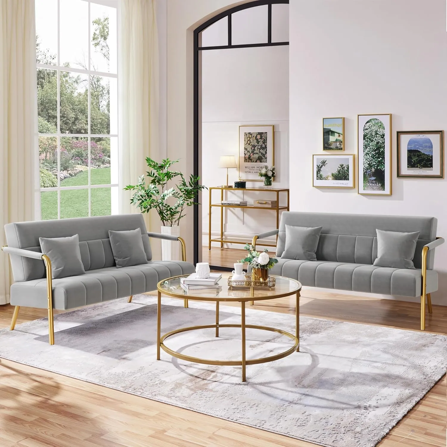 Yaheetech 56.5" W Modern Sofa Small Sofa Luxurious Velvet Fabric Couch with Gold-Tone Metal Arms and Legs for Living Room, Home Office, Studio Light Gray