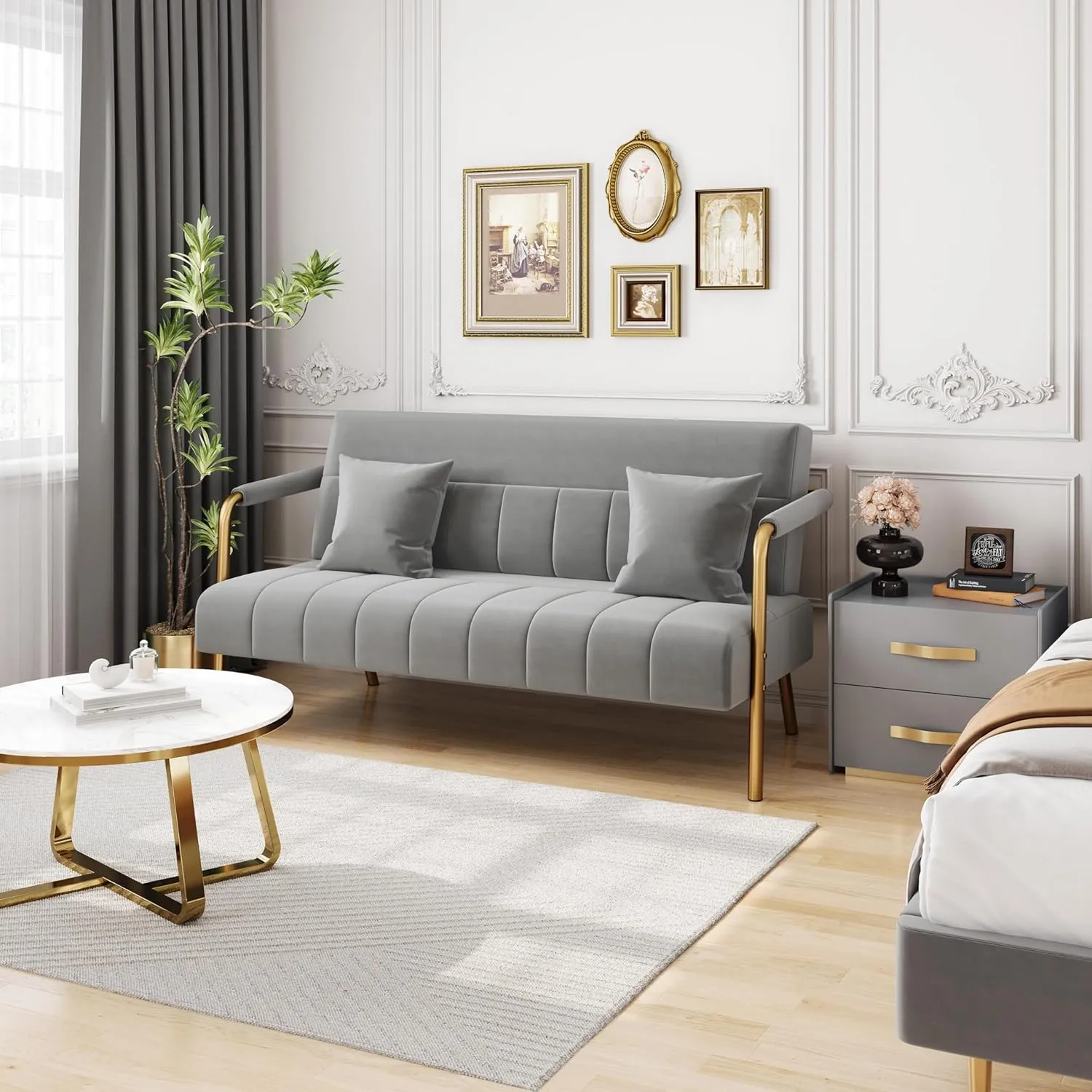 Yaheetech 56.5" W Modern Sofa Small Sofa Luxurious Velvet Fabric Couch with Gold-Tone Metal Arms and Legs for Living Room, Home Office, Studio Light Gray