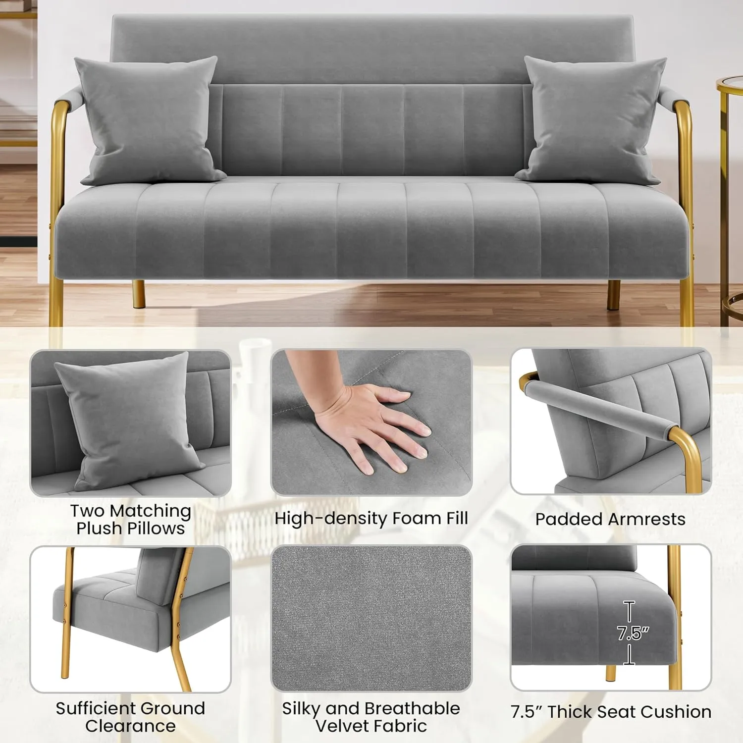 Yaheetech 56.5" W Modern Sofa Small Sofa Luxurious Velvet Fabric Couch with Gold-Tone Metal Arms and Legs for Living Room, Home Office, Studio Light Gray
