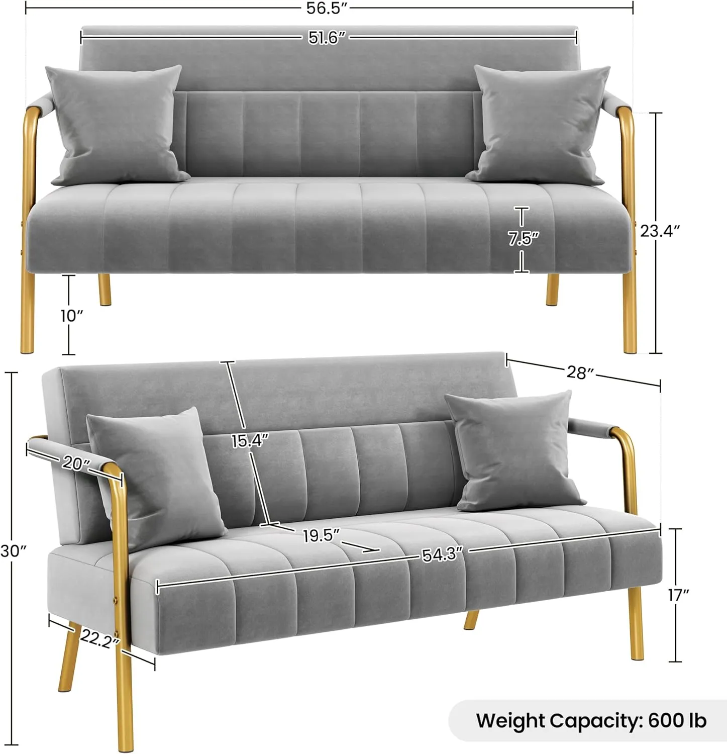 Yaheetech 56.5" W Modern Sofa Small Sofa Luxurious Velvet Fabric Couch with Gold-Tone Metal Arms and Legs for Living Room, Home Office, Studio Light Gray