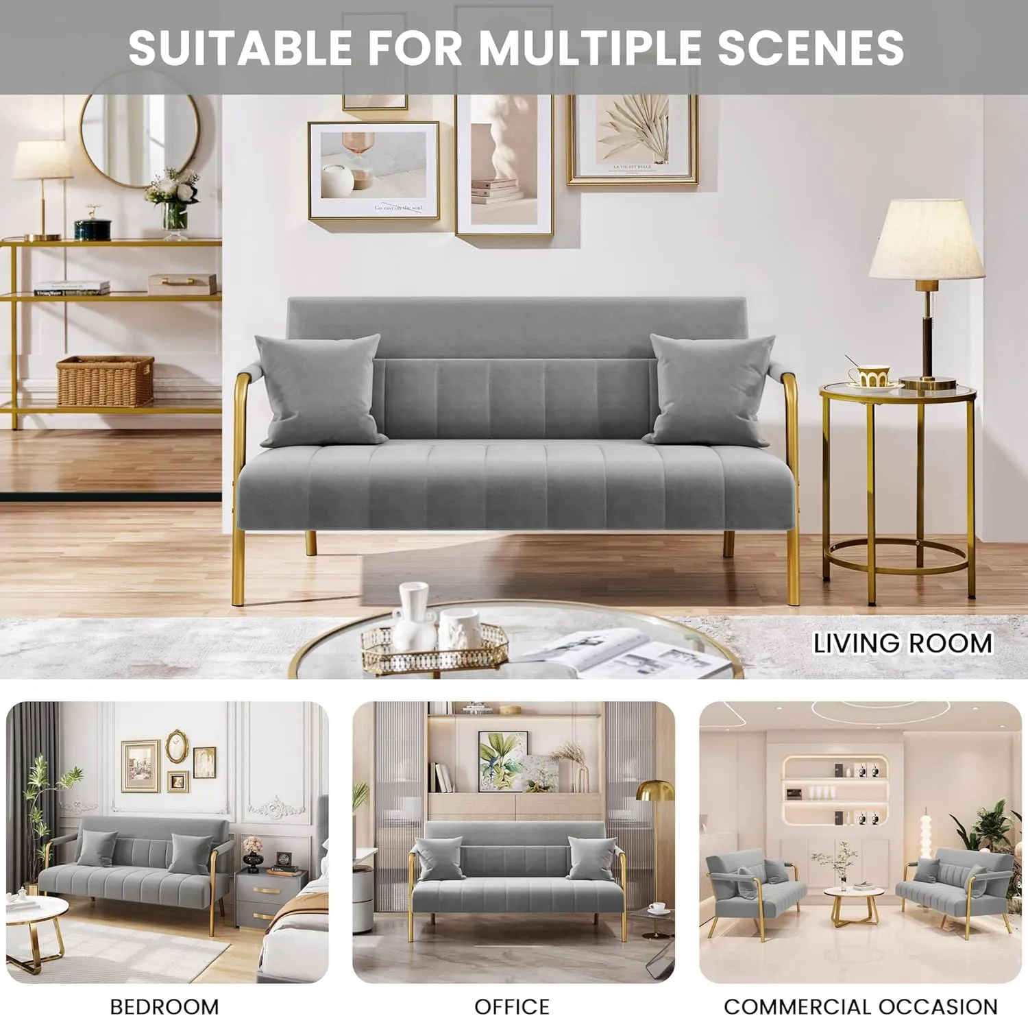 Yaheetech 56.5" W Modern Sofa Small Sofa Luxurious Velvet Fabric Couch with Gold-Tone Metal Arms and Legs for Living Room, Home Office, Studio Light Gray