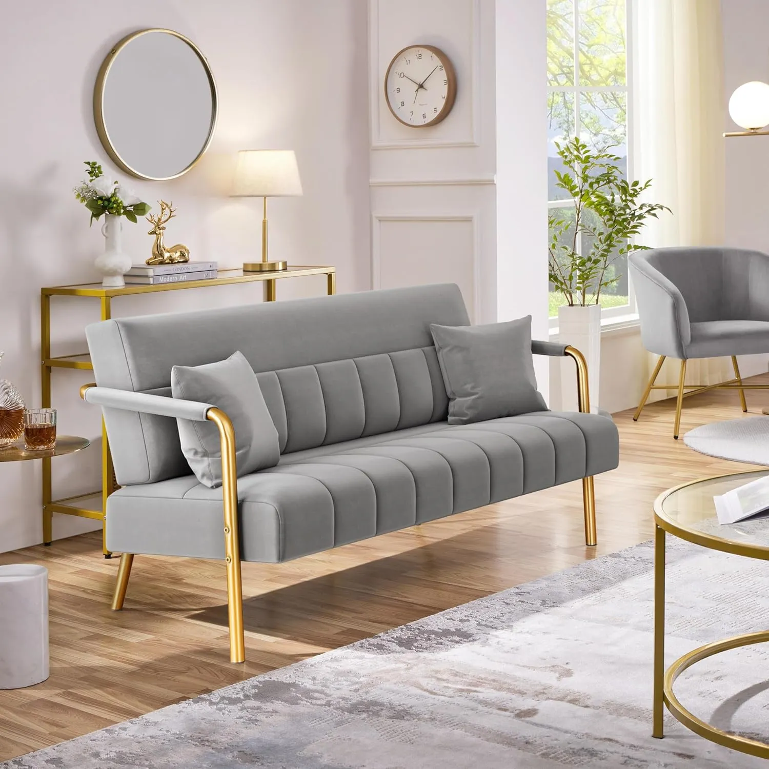 Yaheetech 56.5" W Modern Sofa Small Sofa Luxurious Velvet Fabric Couch with Gold-Tone Metal Arms and Legs for Living Room, Home Office, Studio Light Gray