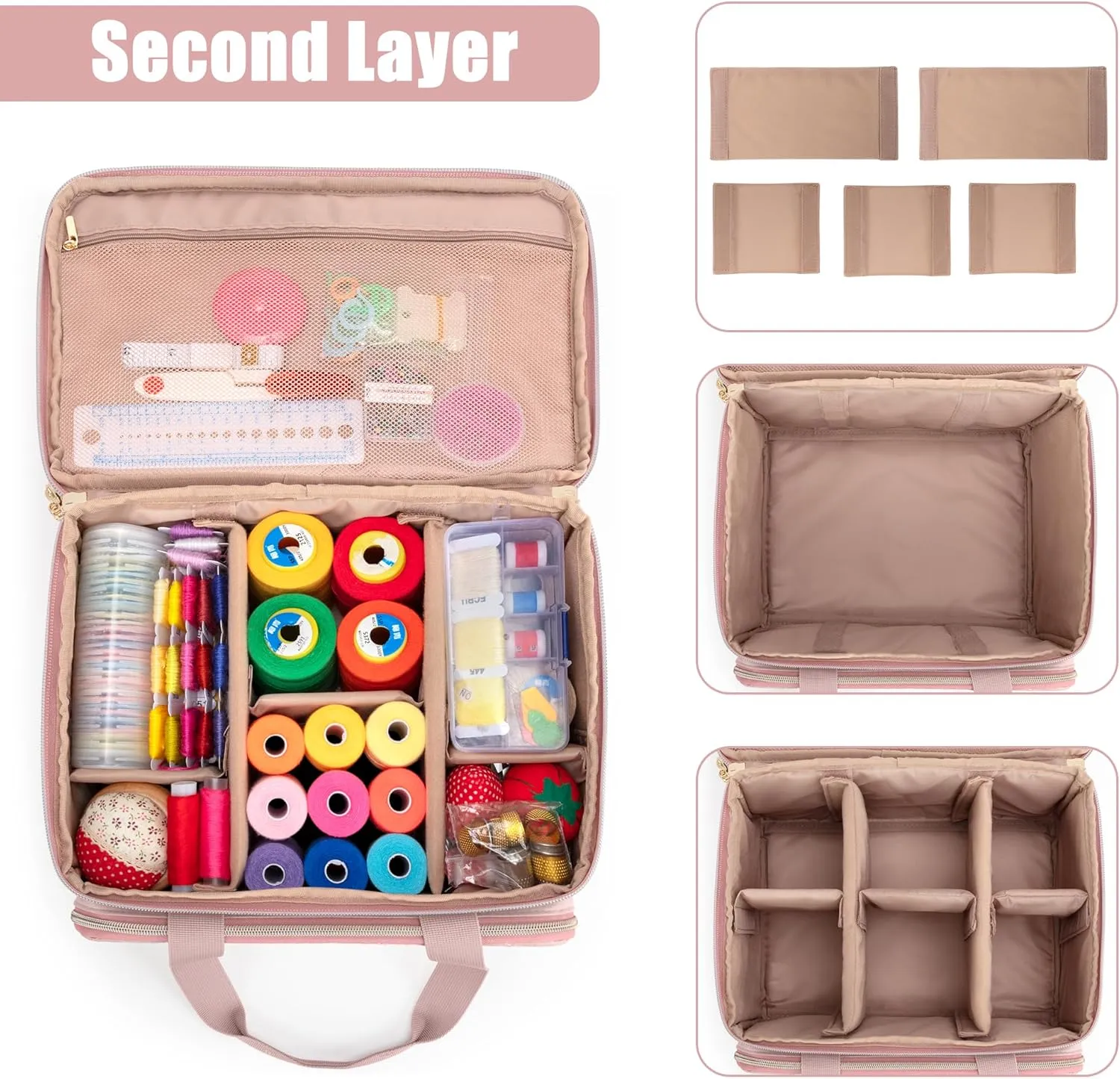 YARWO Double-Layer Sewing Supplies Organizer with 5 Customized Dividers, Portable Sewing Accessories Storage Bag with Multi Pockets for Sewing Kits and Tools, Dusty Rose