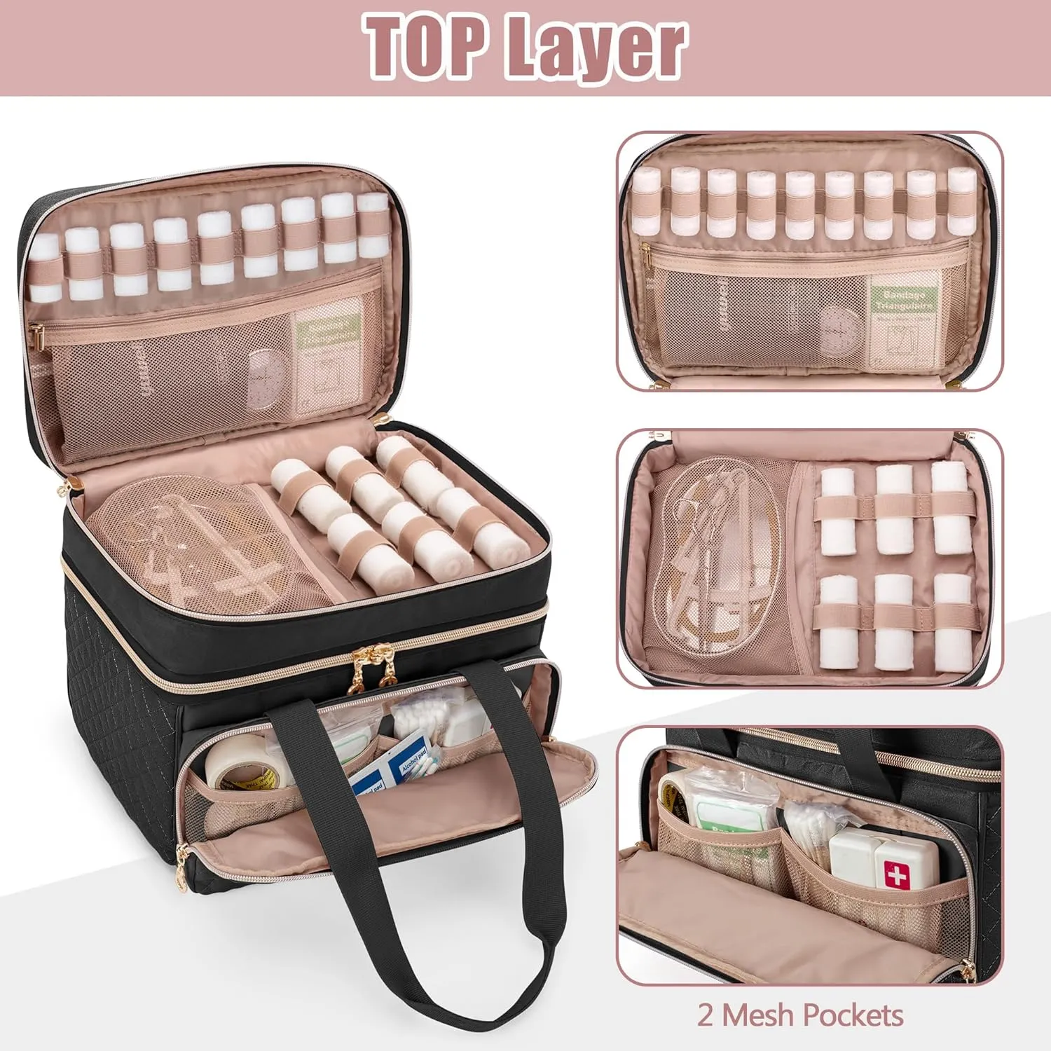 Yarwo Double Layers Medicine Pill Bottle Organizer Empty, Lockable Medication Travel Storage Bag with 5 Customized Dividers for Emergency Home Outdoor First Aid Supplies, Black