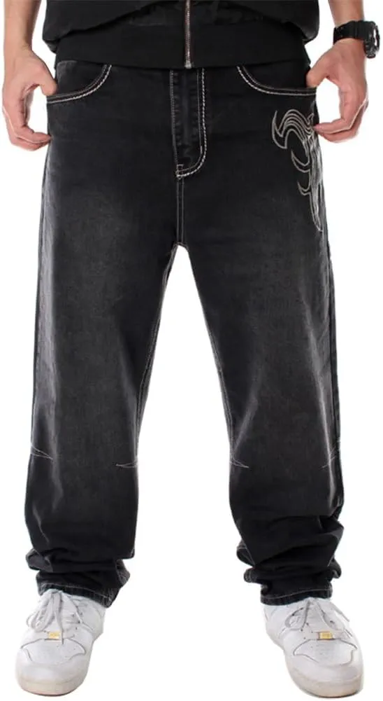 Ylingjun Mens Baggy Hip Hop Jeans Casual Loose Fit Embroidered Skateboard Denim Pants