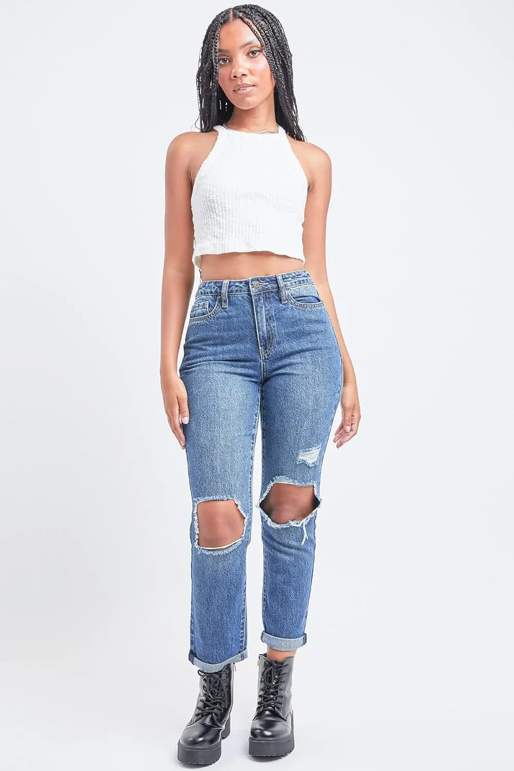 YMI Women's Junior Hybrid Dream High-Rise Mom Fit Ankle Jean