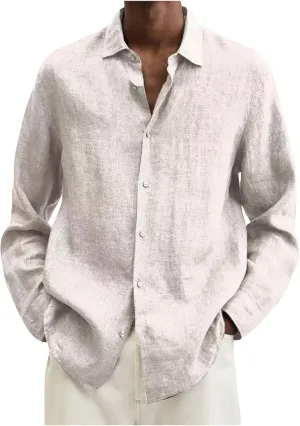 Ymosrh Dress Shirts for Men Spring Summer Men's Casual Cotton Linen Solid Color Long Sleeve Shirts Loose Mens Shirt