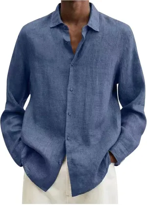 Ymosrh Dress Shirts for Men Spring Summer Men's Casual Cotton Linen Solid Color Long Sleeve Shirts Loose Mens Shirt