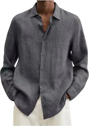 Ymosrh Dress Shirts for Men Spring Summer Men's Casual Cotton Linen Solid Color Long Sleeve Shirts Loose Mens Shirt