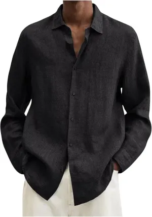 Ymosrh Dress Shirts for Men Spring Summer Men's Casual Cotton Linen Solid Color Long Sleeve Shirts Loose Mens Shirt