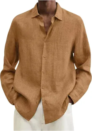 Ymosrh Dress Shirts for Men Spring Summer Men's Casual Cotton Linen Solid Color Long Sleeve Shirts Loose Mens Shirt