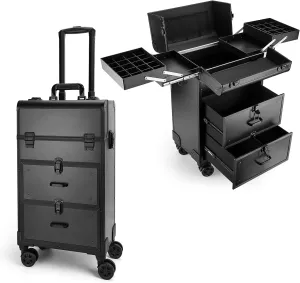 Yokilly Rolling Makeup Train Case, Professional Cosmetology Case on Wheels, Aluminum Cosmetic Trolley Travelling Cart Trunk with Swivel Wheels, Sliding Drawer & Keys for Nail Technician Stylist(Black)
