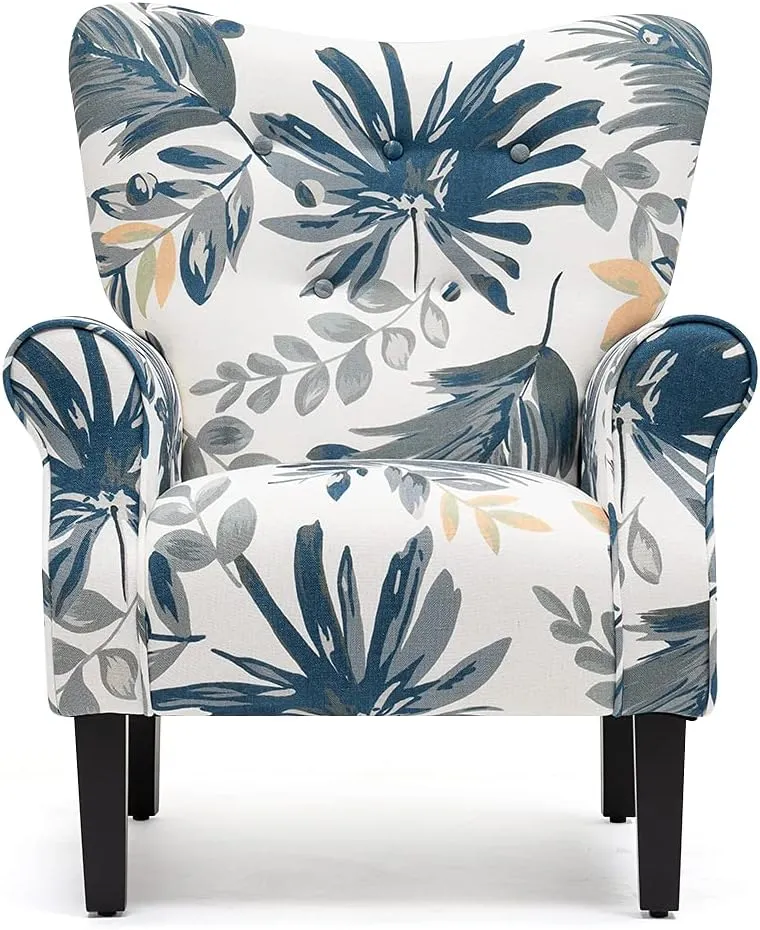YOLENY Modern Accent Chair,High Back Armchair,Upholstered Fabric Button Single Sofa with Wooden Legs for Living Room,Bedroom,Blue Leaves