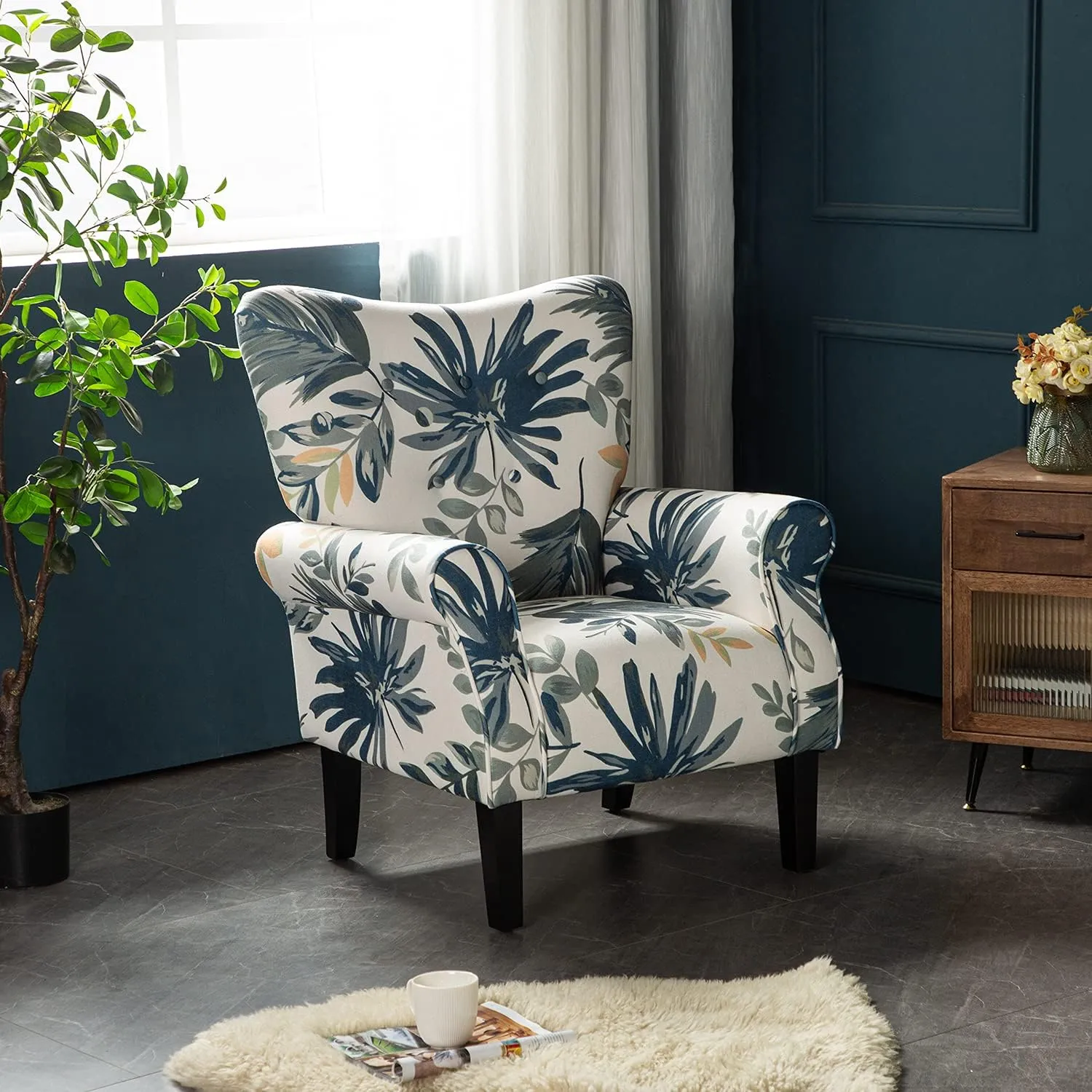 YOLENY Modern Accent Chair,High Back Armchair,Upholstered Fabric Button Single Sofa with Wooden Legs for Living Room,Bedroom,Blue Leaves
