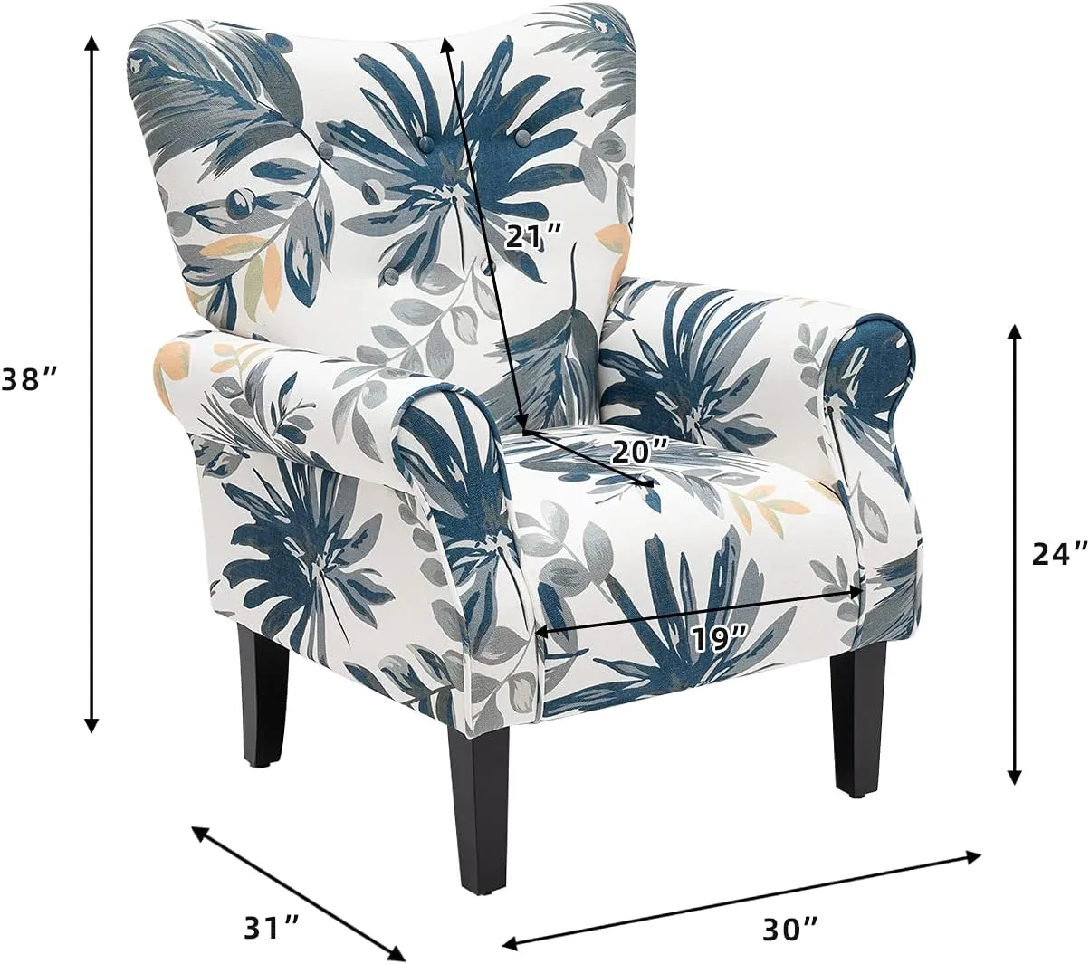 YOLENY Modern Accent Chair,High Back Armchair,Upholstered Fabric Button Single Sofa with Wooden Legs for Living Room,Bedroom,Blue Leaves