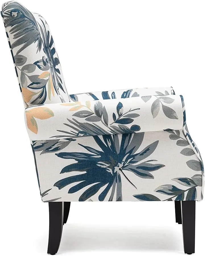 YOLENY Modern Accent Chair,High Back Armchair,Upholstered Fabric Button Single Sofa with Wooden Legs for Living Room,Bedroom,Blue Leaves