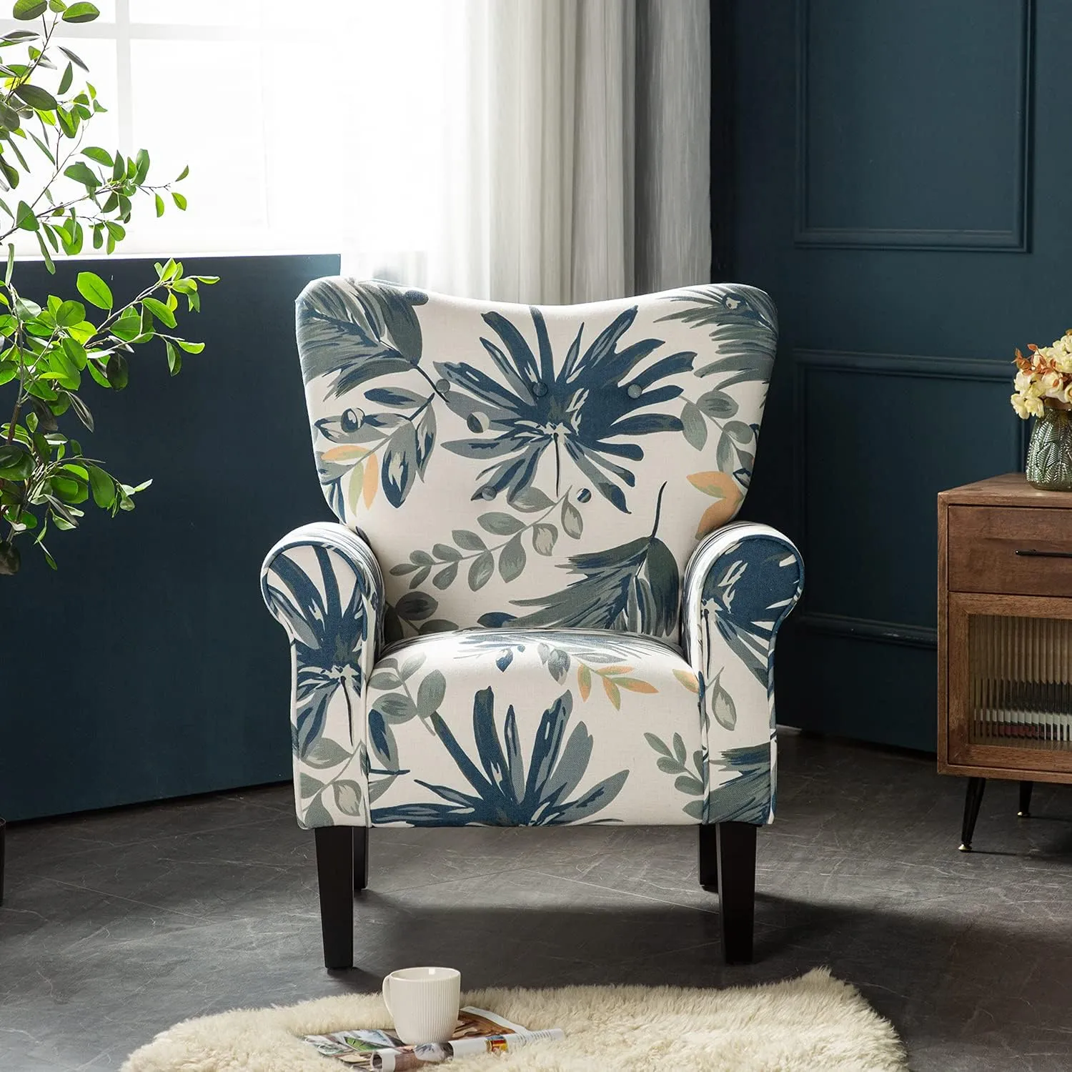 YOLENY Modern Accent Chair,High Back Armchair,Upholstered Fabric Button Single Sofa with Wooden Legs for Living Room,Bedroom,Blue Leaves