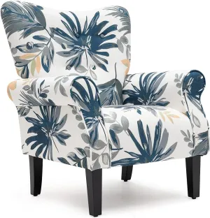YOLENY Modern Accent Chair,High Back Armchair,Upholstered Fabric Button Single Sofa with Wooden Legs for Living Room,Bedroom,Blue Leaves