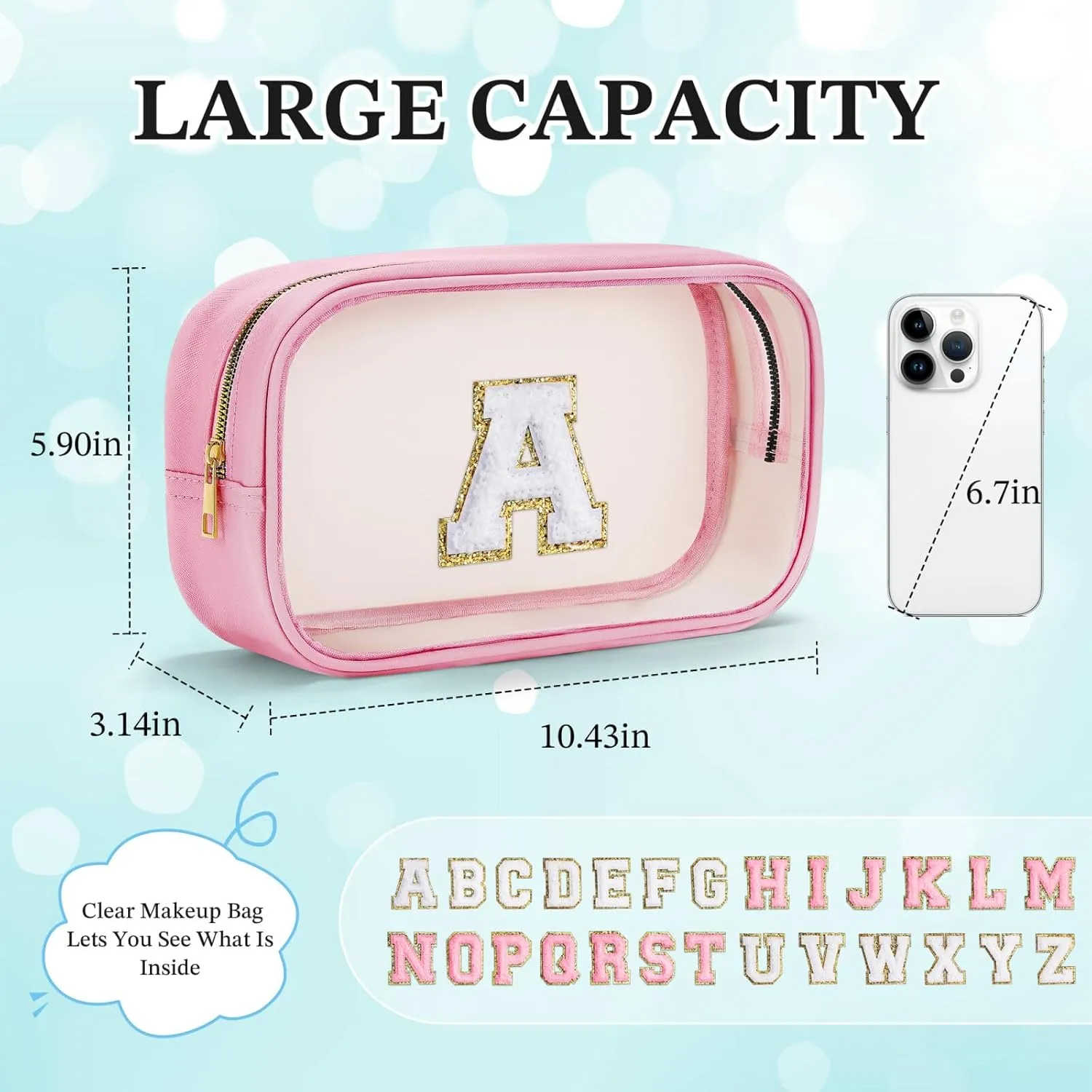 YOOLIFE Initial Birthday Gifts for Girls Kids Clear Makeup Bag Preppy Cosmetic Bags Organizer Travel Essentials Pink Gifts for Girls Teen Girlfriend Teacher Kids Birthday Gifts Preppy Stuff M