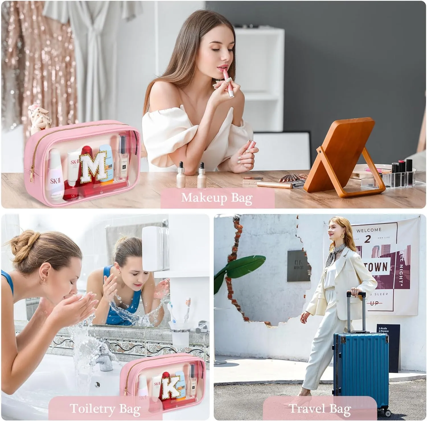 YOOLIFE Initial Birthday Gifts for Girls Kids Clear Makeup Bag Preppy Cosmetic Bags Organizer Travel Essentials Pink Gifts for Girls Teen Girlfriend Teacher Kids Birthday Gifts Preppy Stuff M
