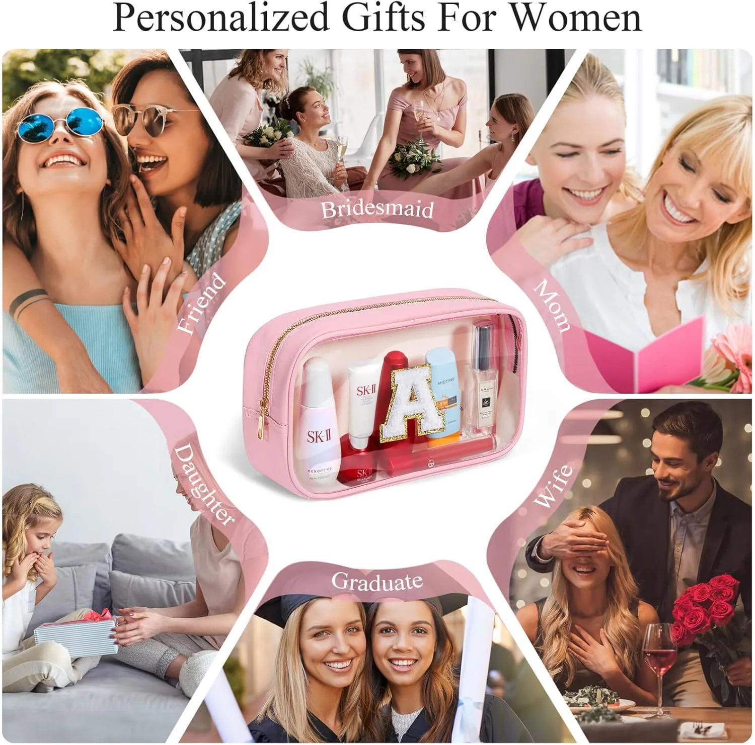 YOOLIFE Initial Birthday Gifts for Girls Kids Clear Makeup Bag Preppy Cosmetic Bags Organizer Travel Essentials Pink Gifts for Girls Teen Girlfriend Teacher Kids Birthday Gifts Preppy Stuff M