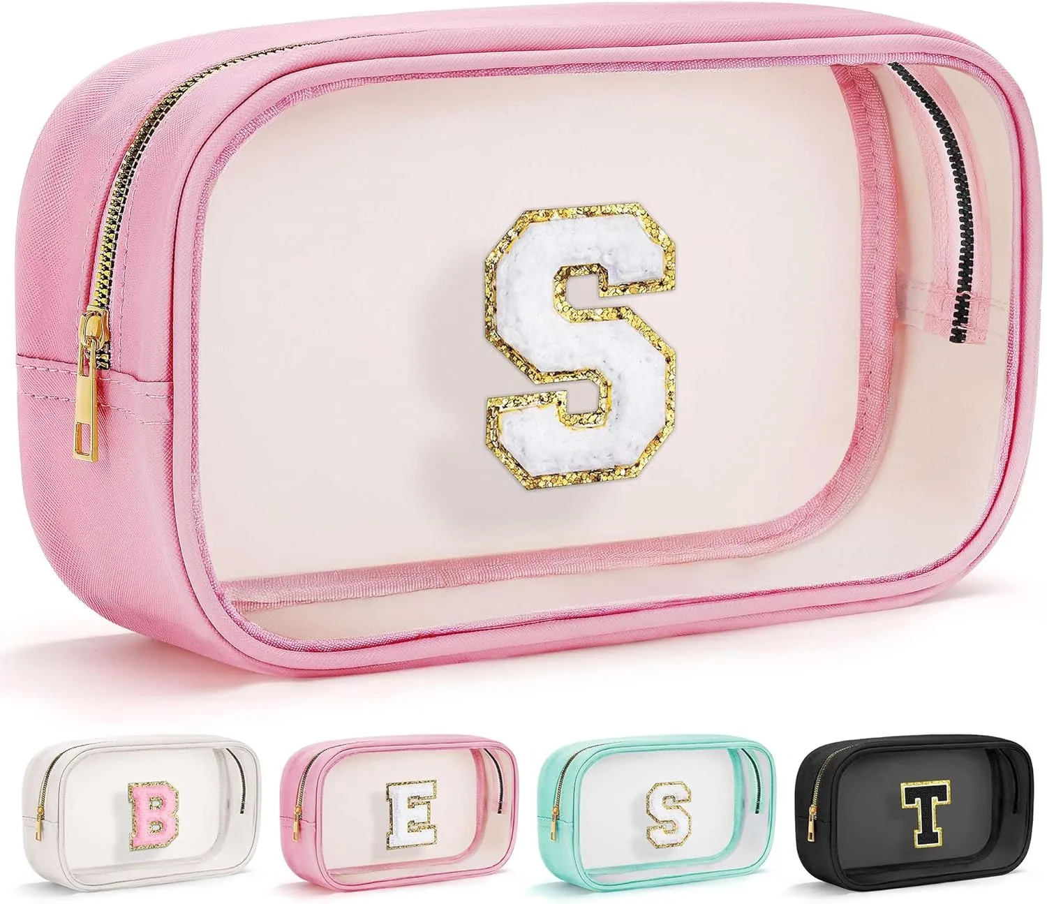 YOOLIFE Initial Birthday Gifts for Girls Kids Clear Makeup Bag Preppy Cosmetic Bags Organizer Travel Essentials Pink Gifts for Girls Teen Girlfriend Teacher Kids Birthday Gifts Preppy Stuff M