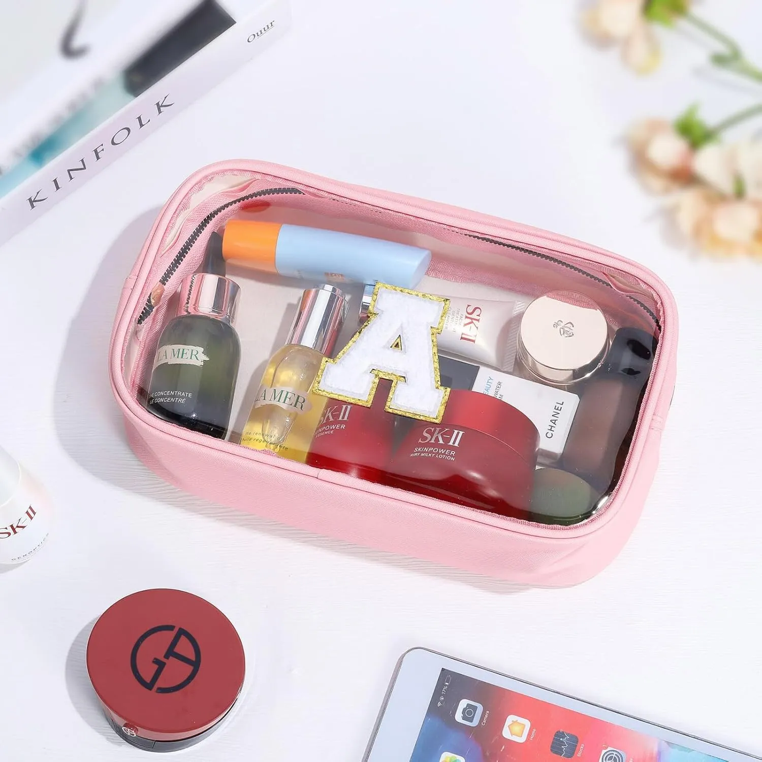 YOOLIFE Initial Birthday Gifts for Girls Kids Clear Makeup Bag Preppy Cosmetic Bags Organizer Travel Essentials Pink Gifts for Girls Teen Girlfriend Teacher Kids Birthday Gifts Preppy Stuff M
