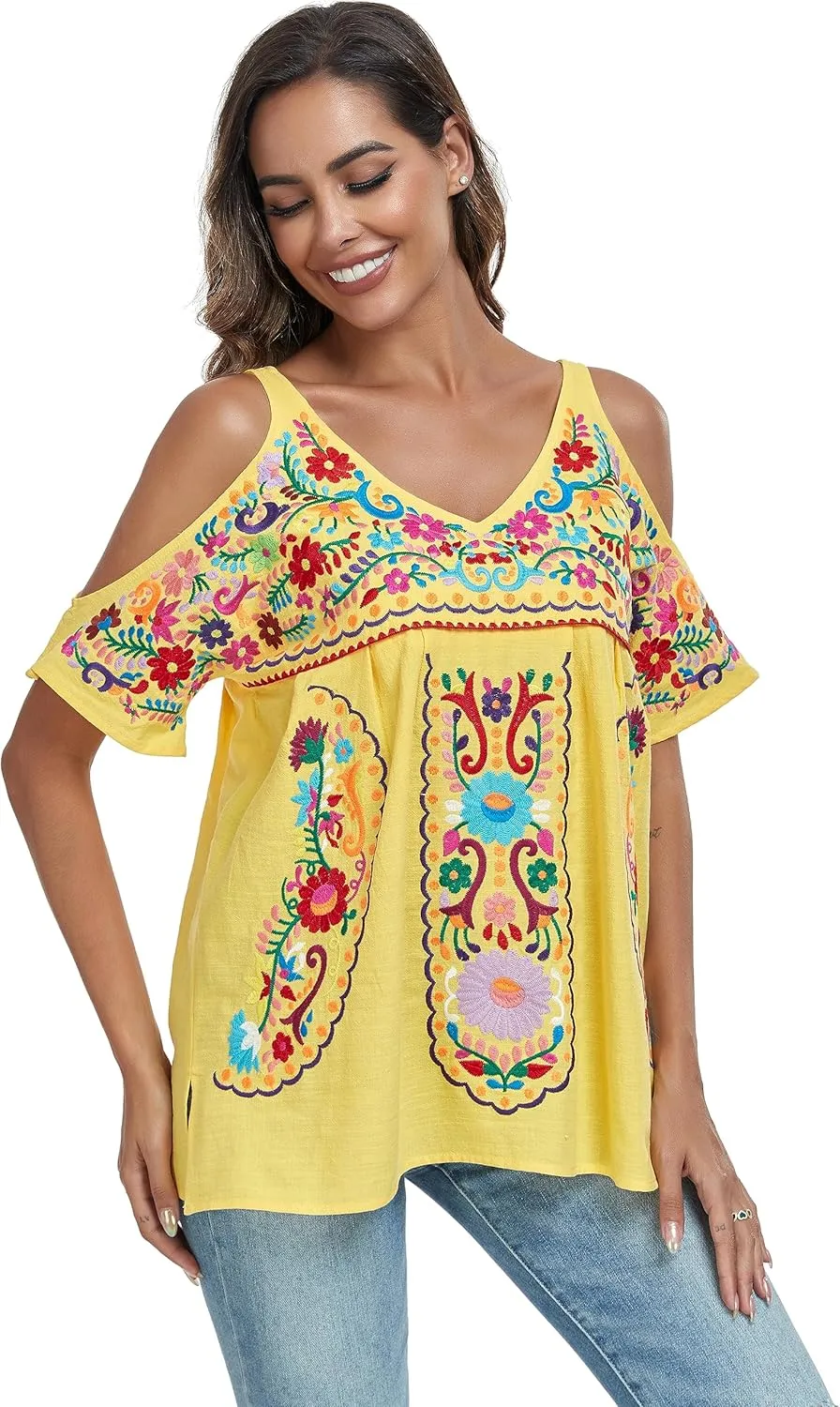 YZXDORWJ Women's Mexican Tops Cold Shoulder V Neck Sexy Blouse Short Sleeve Shirts Embroidered Floral Tunic