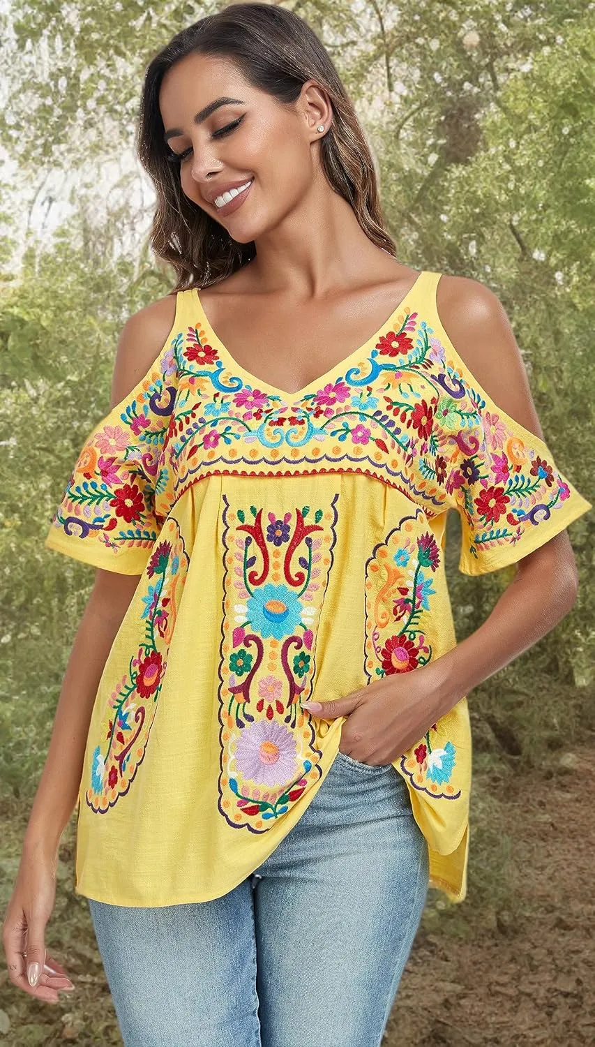 YZXDORWJ Women's Mexican Tops Cold Shoulder V Neck Sexy Blouse Short Sleeve Shirts Embroidered Floral Tunic