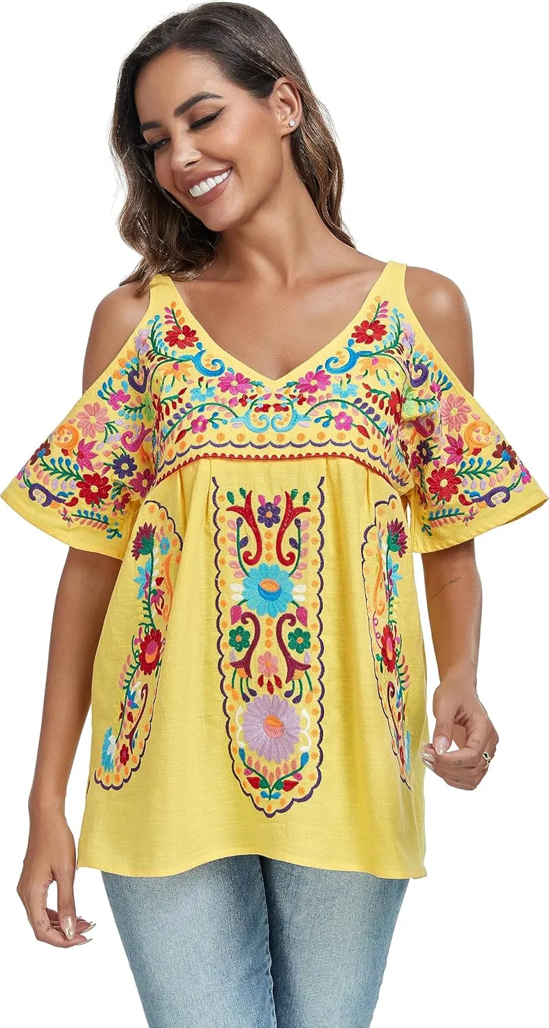 YZXDORWJ Women's Mexican Tops Cold Shoulder V Neck Sexy Blouse Short Sleeve Shirts Embroidered Floral Tunic