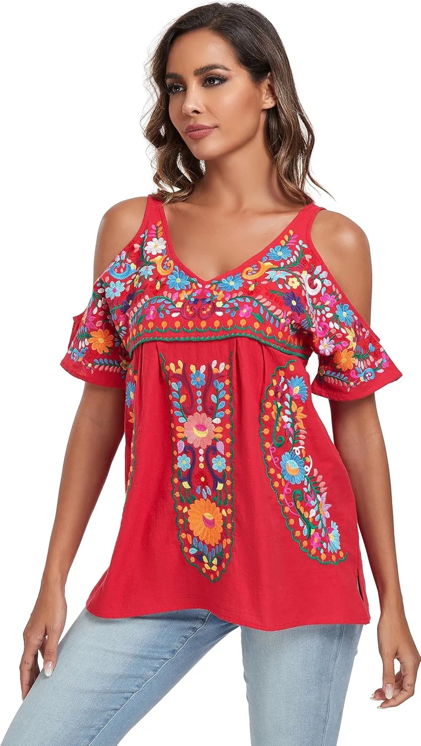 YZXDORWJ Women's Mexican Tops Cold Shoulder V Neck Sexy Blouse Short Sleeve Shirts Embroidered Floral Tunic