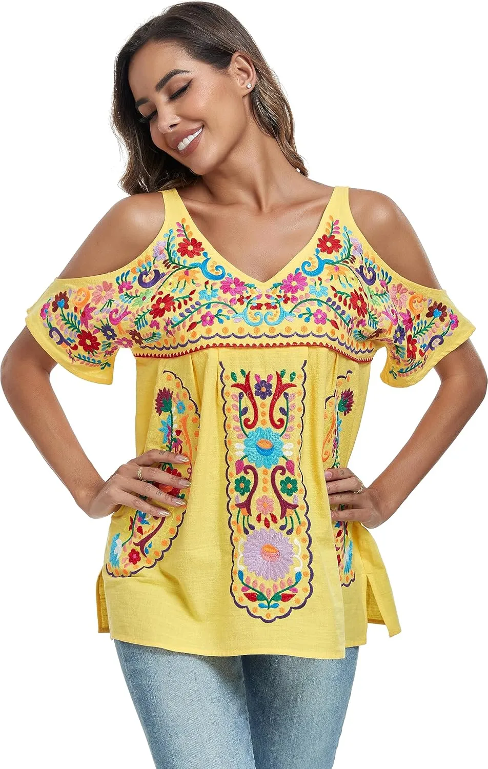 YZXDORWJ Women's Mexican Tops Cold Shoulder V Neck Sexy Blouse Short Sleeve Shirts Embroidered Floral Tunic