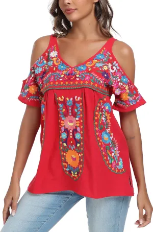 YZXDORWJ Women's Mexican Tops Cold Shoulder V Neck Sexy Blouse Short Sleeve Shirts Embroidered Floral Tunic
