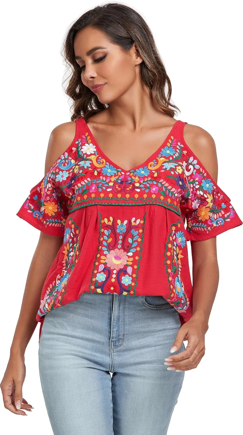 YZXDORWJ Women's Mexican Tops Cold Shoulder V Neck Sexy Blouse Short Sleeve Shirts Embroidered Floral Tunic