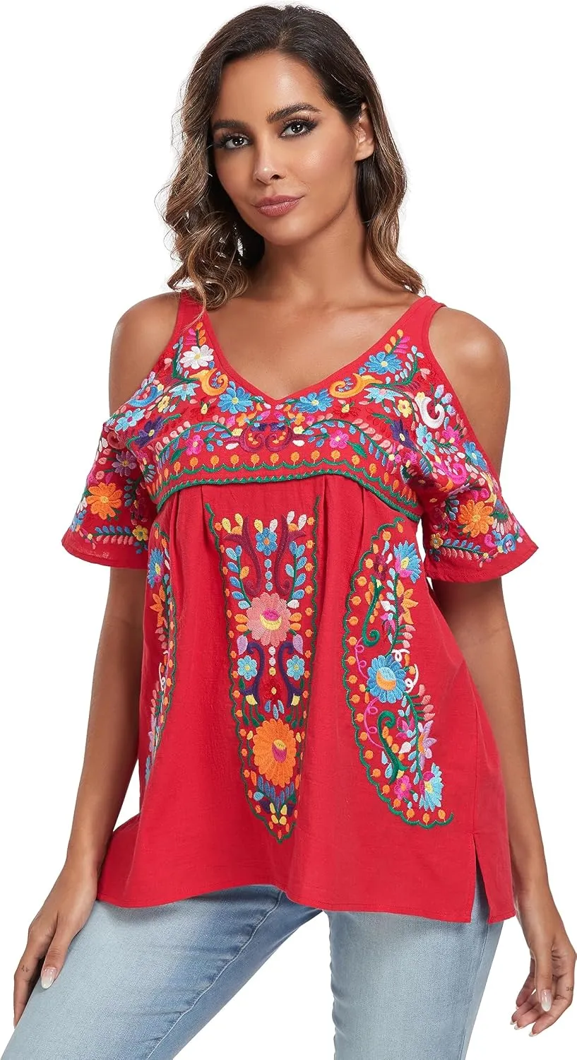 YZXDORWJ Women's Mexican Tops Cold Shoulder V Neck Sexy Blouse Short Sleeve Shirts Embroidered Floral Tunic