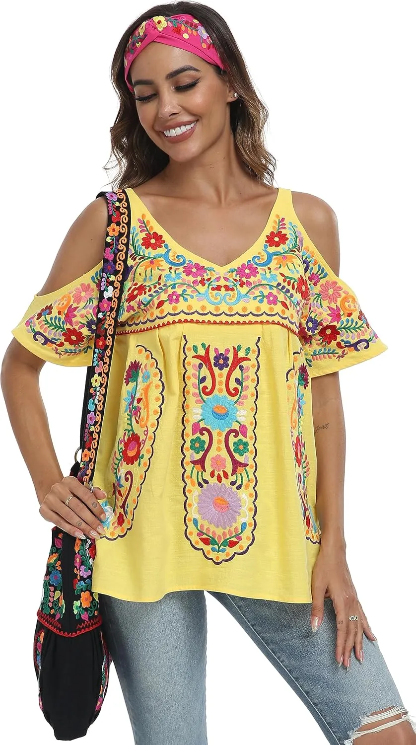 YZXDORWJ Women's Mexican Tops Cold Shoulder V Neck Sexy Blouse Short Sleeve Shirts Embroidered Floral Tunic