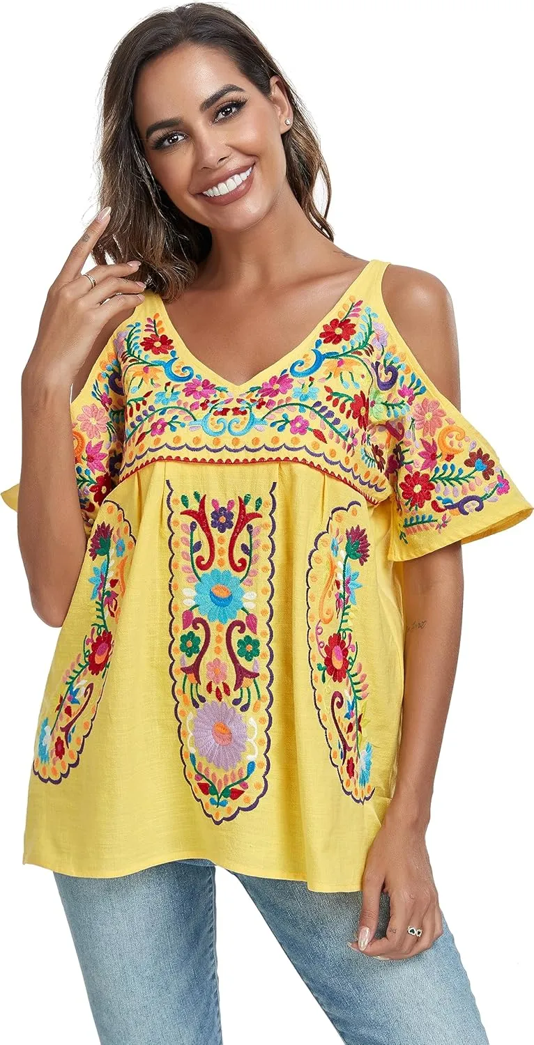 YZXDORWJ Women's Mexican Tops Cold Shoulder V Neck Sexy Blouse Short Sleeve Shirts Embroidered Floral Tunic