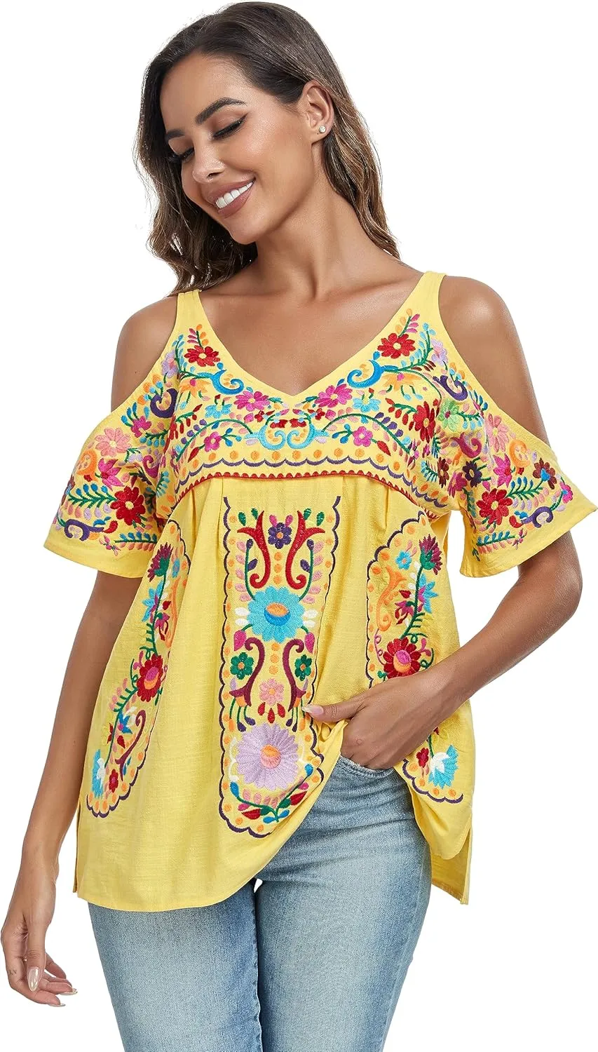 YZXDORWJ Women's Mexican Tops Cold Shoulder V Neck Sexy Blouse Short Sleeve Shirts Embroidered Floral Tunic