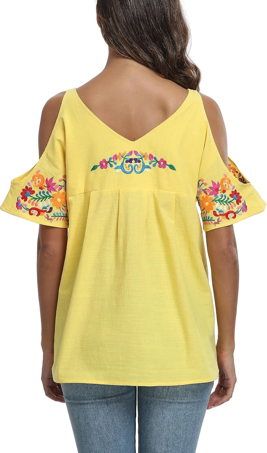 YZXDORWJ Women's Mexican Tops Cold Shoulder V Neck Sexy Blouse Short Sleeve Shirts Embroidered Floral Tunic